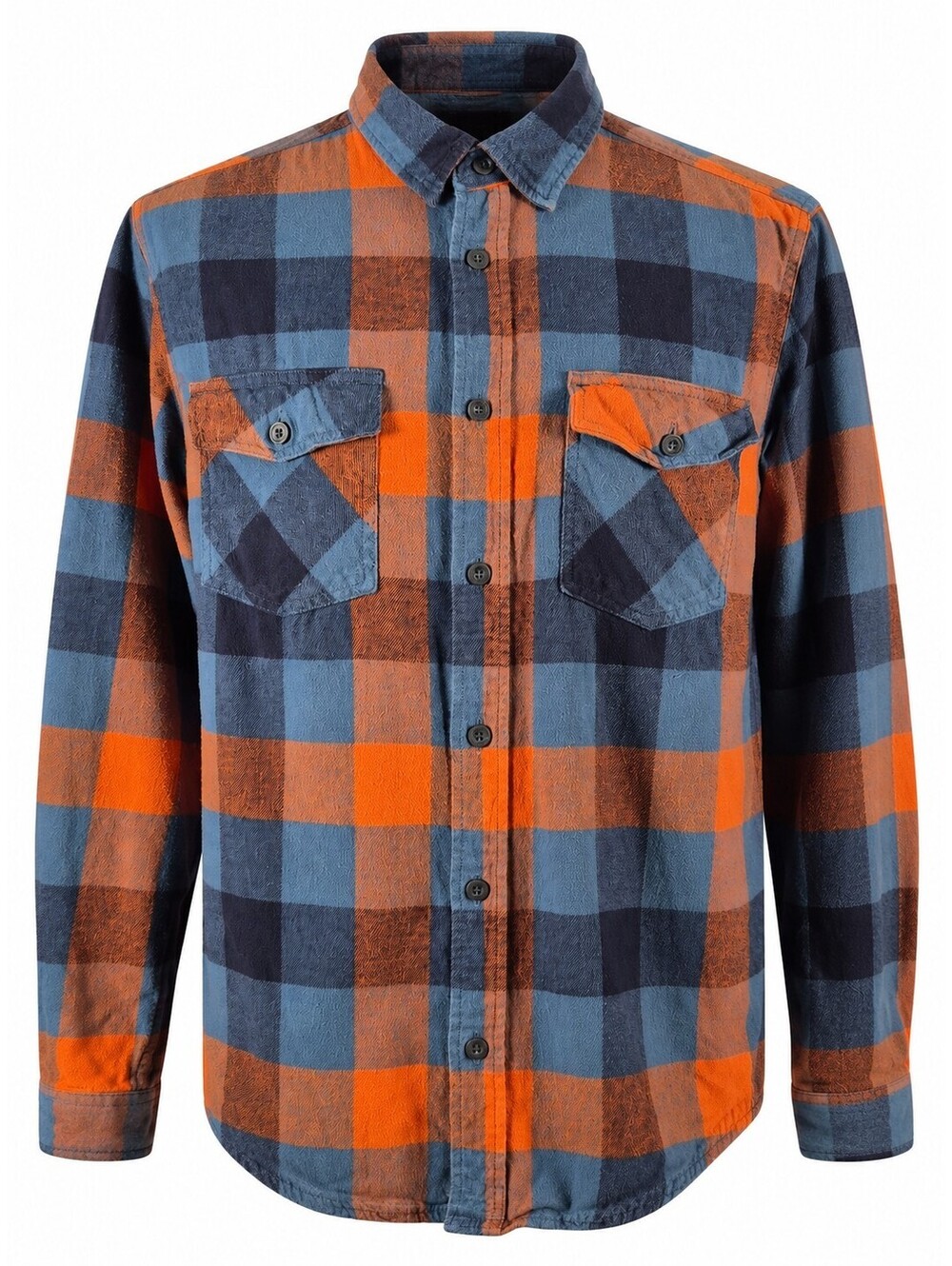 Eastern Mountain Sports EMS Large Orange Blue Plaid Flannel Shirt